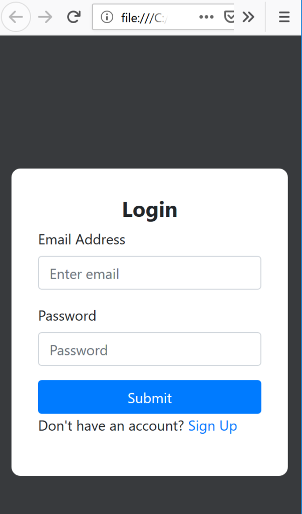 Mobile view of login form