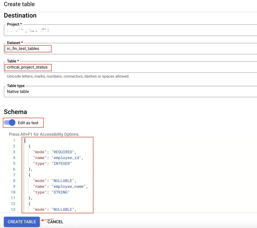 Create BigQuery table with Schema for Json data
