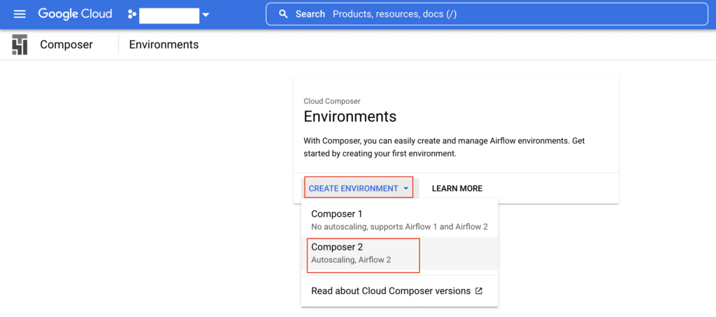 Create environment in Cloud Composer